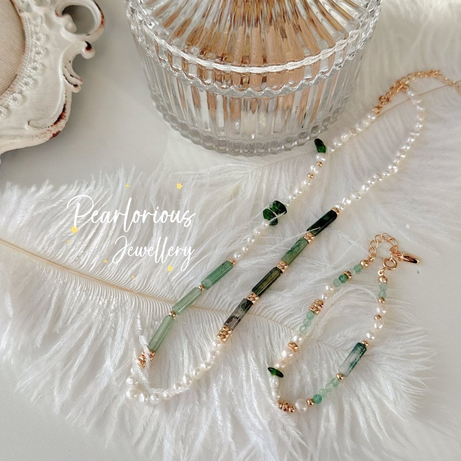 Arizona - Green Strawberry Quartz and Freshwater Pearl Necklace - Pearlorious Jewellery