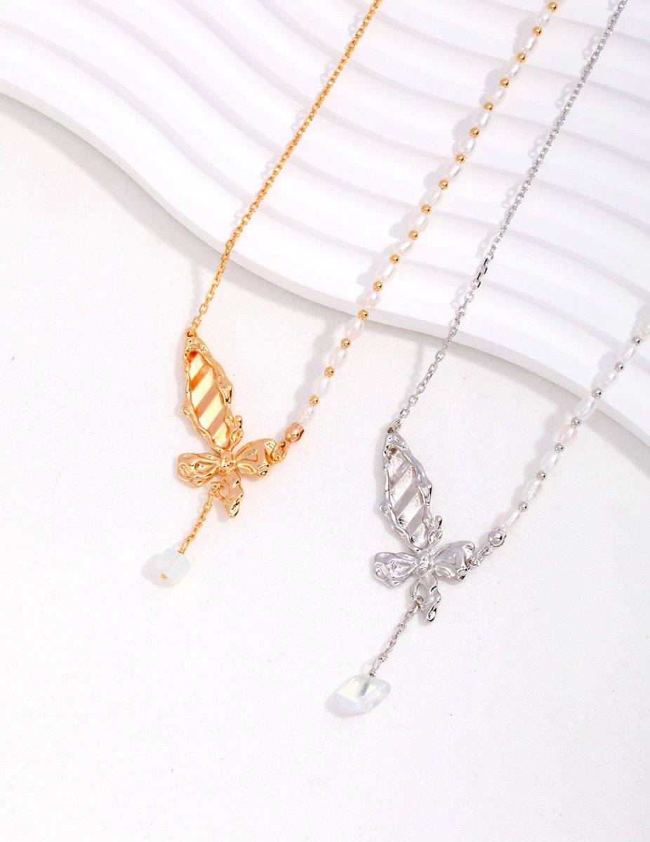 Camila - Butterfly Gemstone Pearl Necklace Made in Gold Vermeil Best Gift for Her - Pearlorious Jewellery