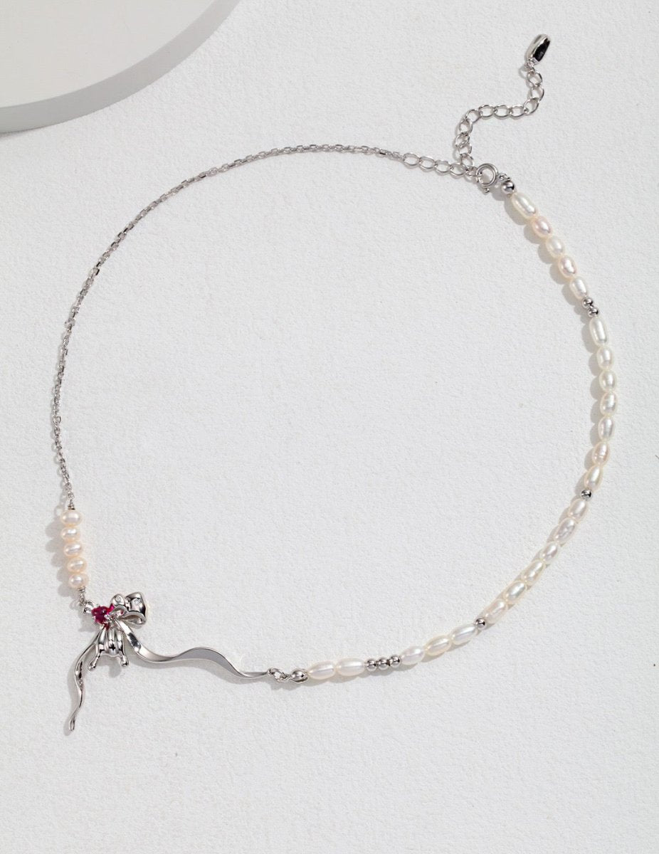 Delilah - Freshwater pearl necklace - cute bow with pink gemstones - Pearlorious Jewellery