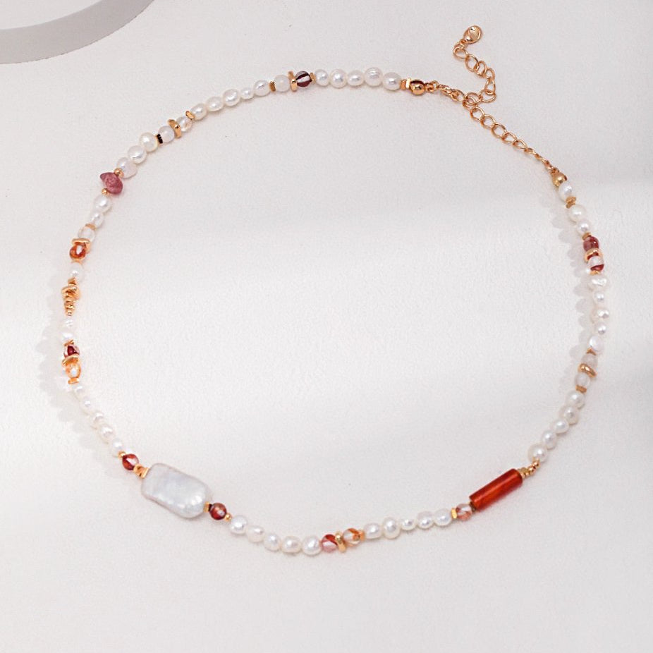 Eloise - Pearl Necklace with Strawberry Quartz - Pearlorious Jewellery