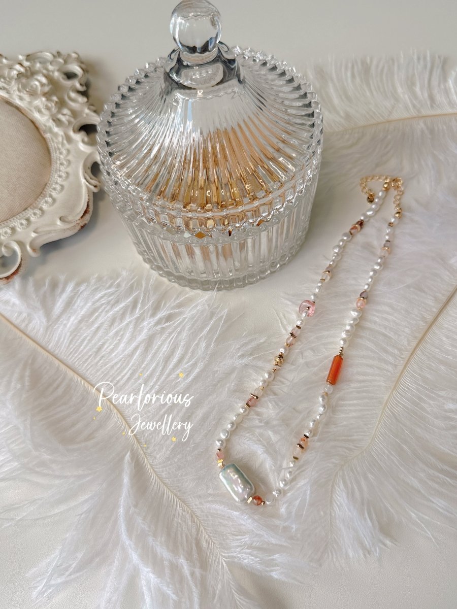 Eloise - Pearl Necklace with Strawberry Quartz - Pearlorious Jewellery