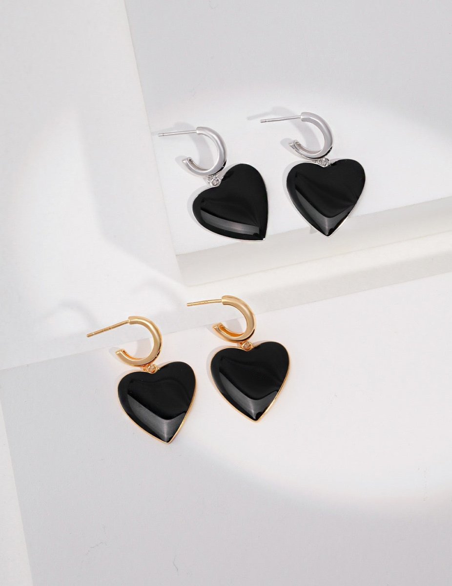 Hazel - Love Finds You - Black Love Heart Oil Spot Glaze Geomitric Earrings - Pearlorious Jewellery