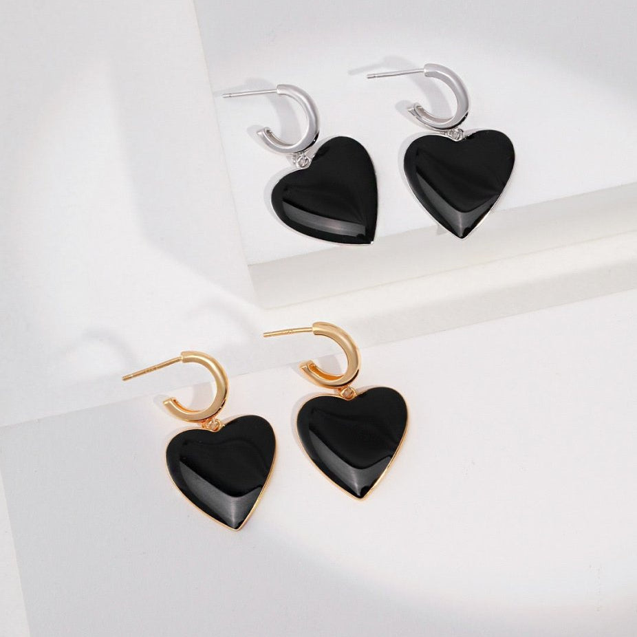 Hazel - Love Finds You - Black Love Heart Oil Spot Glaze Geomitric Earrings - Pearlorious Jewellery