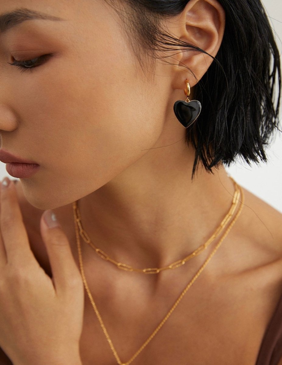 Hazel - Love Finds You - Black Love Heart Oil Spot Glaze Geomitric Earrings - Pearlorious Jewellery