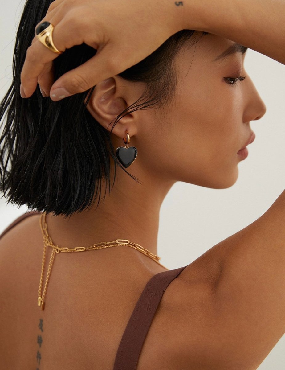 Hazel - Love Finds You - Black Love Heart Oil Spot Glaze Geomitric Earrings - Pearlorious Jewellery