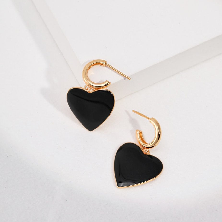 Hazel - Love Finds You - Black Love Heart Oil Spot Glaze Geomitric Earrings - Pearlorious Jewellery