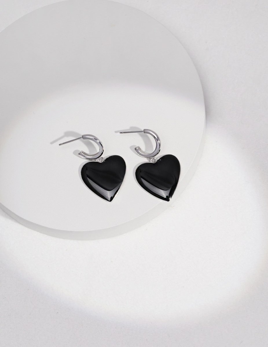 Hazel - Love Finds You - Black Love Heart Oil Spot Glaze Geomitric Earrings - Pearlorious Jewellery