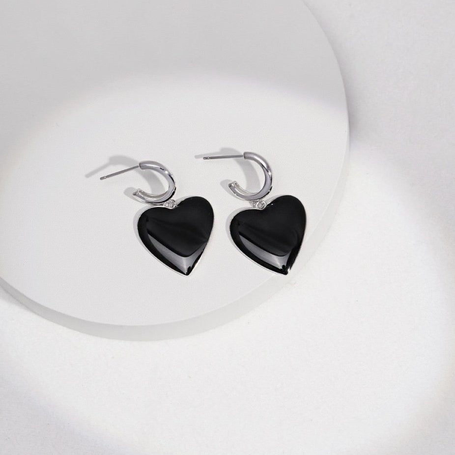 Hazel - Love Finds You - Black Love Heart Oil Spot Glaze Geomitric Earrings - Pearlorious Jewellery