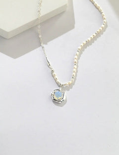 Lilian - October Birthstone Opal Sterling Silver Necklace Freshwater Pearl - Pearlorious Jewellery
