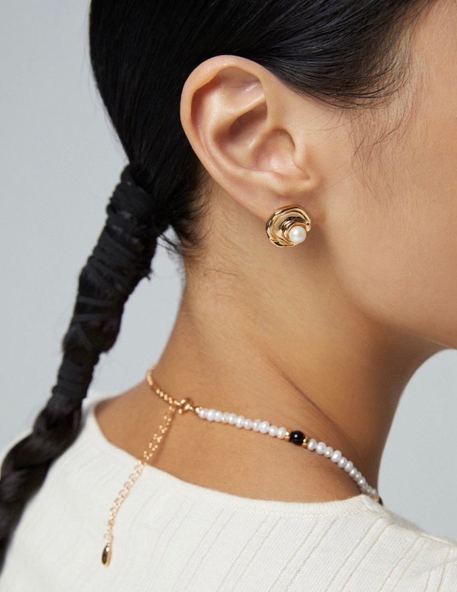 Mayla - Moon Shape Sterling Silver and Freshwater Pearl Earrings - Pearlorious Jewellery