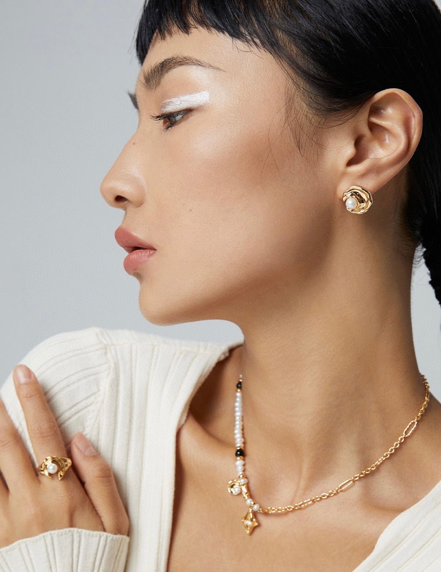 Mayla - Moon Shape Sterling Silver and Freshwater Pearl Earrings - Pearlorious Jewellery