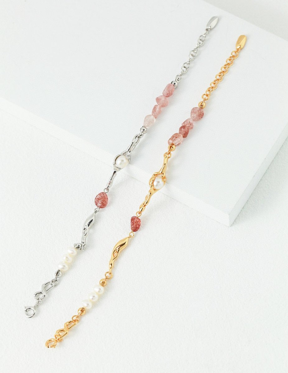 Samantha - Sweet and Cute Freshwater Pearl and Strawberry Quartz Bracelet - Pearlorious Jewellery